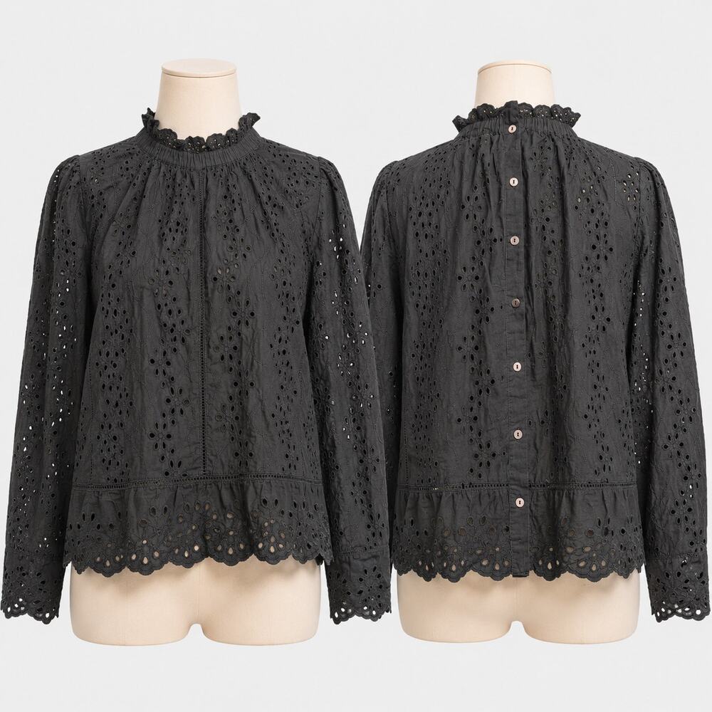 Jennifer & Grace Black Eyelet Embroidered Blouse Women's Small Button Back